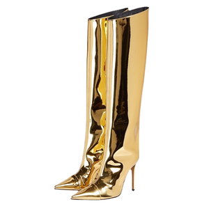 Botas de Tacón Alto y Fino, Puntiagudas, de Cuero Brillante, Color Dorado y Plateado, con Lámina Metálica Láser, Diseño de Serpiente, Botas de Moda Talla 42 - Product Image 5