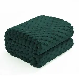 批发法兰绒羊毛扔毯六边形提花模糊毛毯家用和旅行用，超柔软舒适，绿色