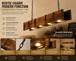 Rustikale Holz-Linear-Pendelleuchte mit Schwarzem Metallband und Vier Warmen LED-Spots für Farmhaus-Kücheninsel-Beleuchtung - Product Image 1