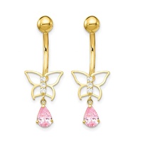 Piercing pour ventre, bijoux en or massif, motif papillon, 5A rose, zircone, 14K, vente en gros, 2020