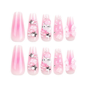 Bonitas uñas usables con temática de <span class=keywords><strong>Hello</strong></span> Kitty con ondas y lazos en 3D Elegantes puntas de manicura francesa - Product Image 5