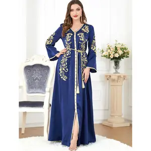 2023 Middle East Sexy Chiffon Embroidered Dress With Belt Dubai Tutkish Afghan Casual Abaya Print Muslim Islamic Clothing
