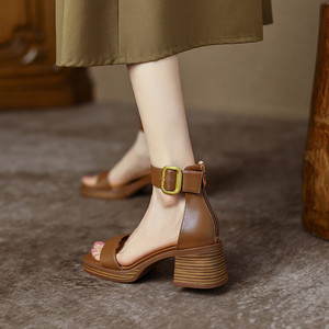 One Character Thick Heels Sandals Women's Open Toe Roman Style High Heels Sandals - Product Image 2