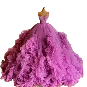 Roxo Ruffled Ball Gown Vestido De Noite Querida frisada Ruched Pink Party Prom Dresses