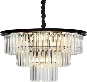 Zwarte Kristallen Kroonluchter 12-Licht Moderne Kristallen Hanger Plafond Lichtpunt 3-Tier Kristal Opknoping Verlichting Voor Dining kamer