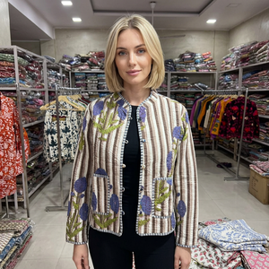 Hand Embroidered <b>Quilted</b> <b>Jacket</b> With Striped <b>Pattern</b> Blue Floral Design Stand Collar Full Sleeve Women's Autumn Wear GIFT - Product Image 1