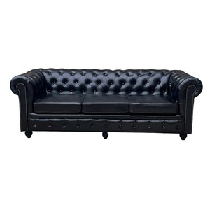 โซฟาเชสเตอร์ฟิลด์ 3 ที่นั่ง สีดำคลาสสิก หนังแท้ ตกแต่งกระดุมแบบลึก โซฟาหุ้มผ้าบุอย่างหรูหรา เฟอร์นิเจอร์ห้องนั่งเล่นสุดหรู ให้ความสบายระดับพรีเมียม - Product Image 2