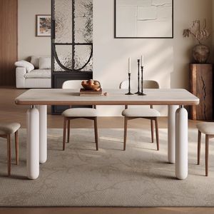 Juego de Mesa y Sillas de Comedor Estilo Nórdico, Madera Sólida con Cubierta de Mármol, Rectangular, Color Crema Moderno, para Hogares Pequeños - Product Image 3