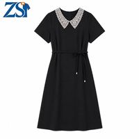 Robe en mousseline unie grande taille Zesheng pour femme, manches courtes, taille naturelle, col poupée, longueur midi, effet ventre plat, décontractée, été