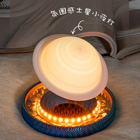Lampu Meja Levitasi Magnetik Modern HCNT Plug-In Desain Saturnus Bulan LED Sentuh Kontrol Peredup Cahaya Putih Hangat