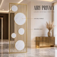Paravent en acier inoxydable doré, écran vertical moderne à grille, panneau rond en marbre, cloison d'entrée personnalisée