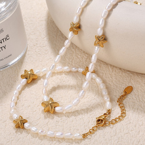 Freshwater Pearl Starfish Flower Beaded Necklace <b>Bracelet</b> Set Stainless Steel Twisted Tube Jewelry - Product Image 5