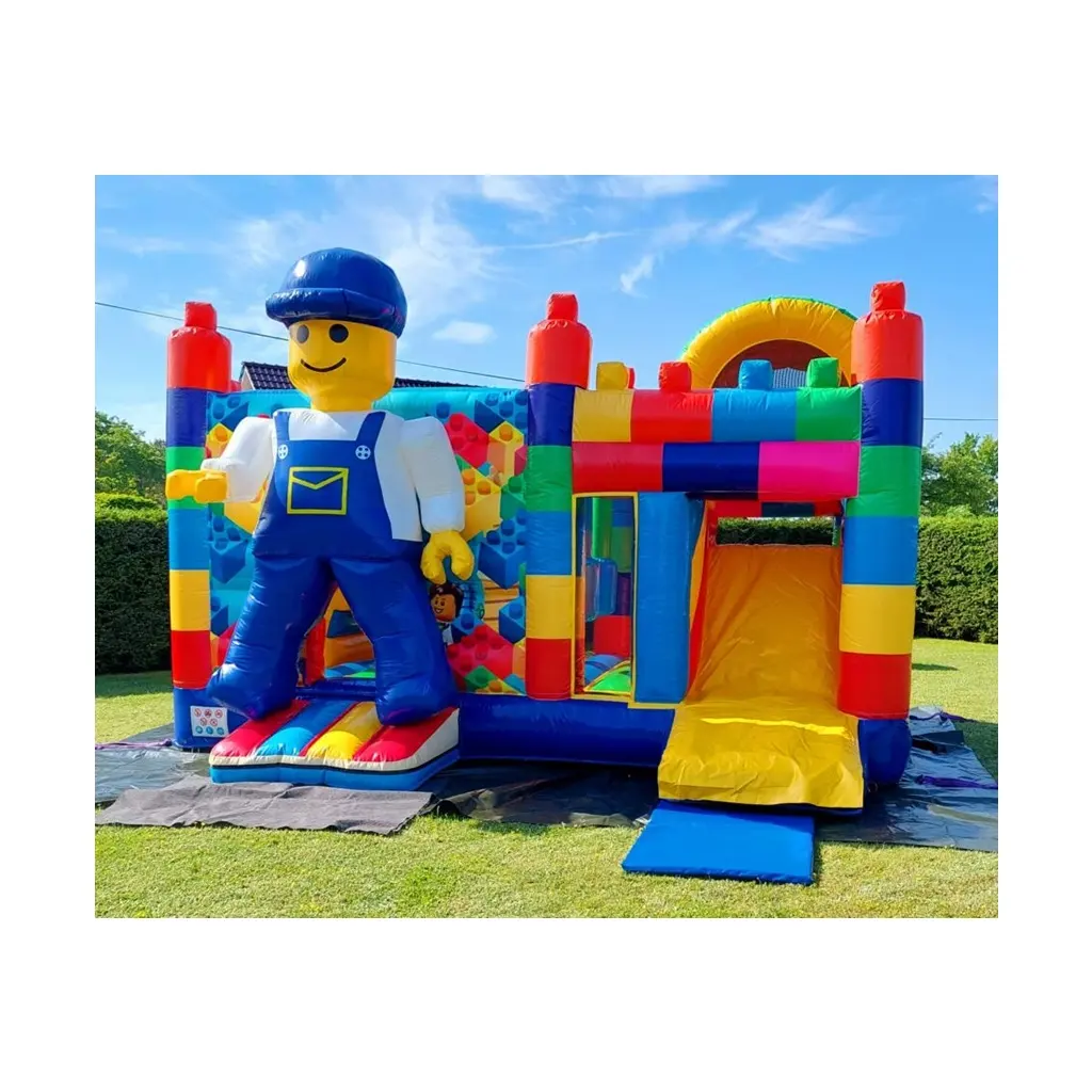 Vente en gros de maisons rebondies Legoing, blocs de construction colorés, château gonflable avec toboggan pour enfants