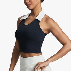 Top deportivo para mujer con cuello polo, estilo halter, bloques de color, a prueba de golpes, con efecto push-up, sin espalda, para yoga, fitness, running, tenis, ajuste ceñido - Product Image 2