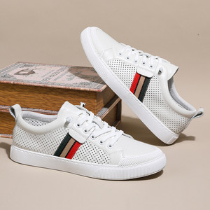 White Hollow-out Men's <b>Sneakers</b> Top Layer Cowhide <b>Leather</b> Breathable Low Heel EVA Midsole Rubber Outsole Daily Wear - Product Image 2