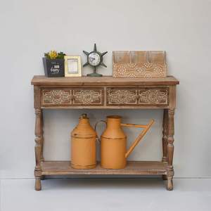 PARISLOFT-Mesa auxiliar vintage de madera con 2 cajones y 1 estante inferior, consola rústica para almacenamiento, muebles de mesa de entrada acentuados - Product Image 4