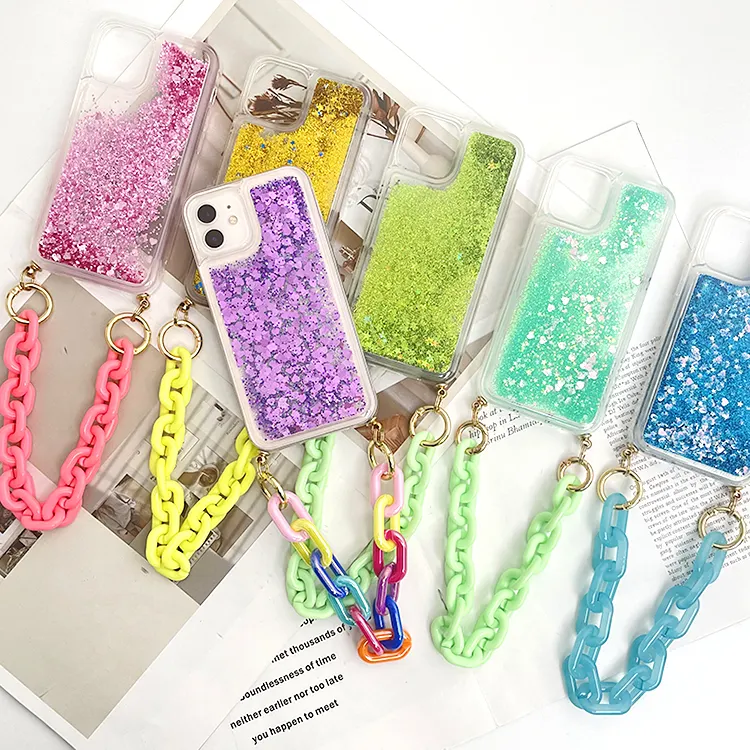 Tenchen Groothandel Mode Bling Telefoonhoesjes Met Pols Kettingbanden Vloeibaar Drijfzand Glitter Telefoonhoesjes Voor Iphone 15 Pro Max