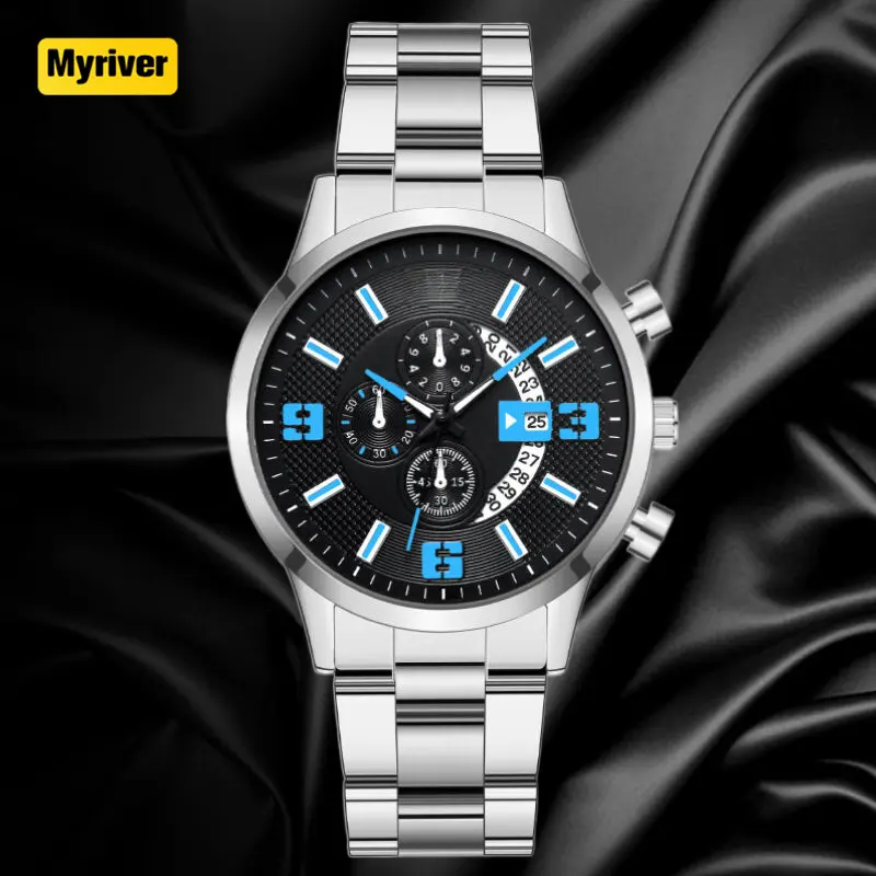 Mylriver นาฬิกาควอตซ์สามตาหกขาตกแต่งแบรนด์แฟชั่นนาฬิกาผู้ชายกันน้ำปฏิทินถาวร