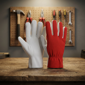 JNA Group White Leather Safety <b>Gloves</b> Red Knit Wristband Anti-Slip Fingertips 11 oz Thickness <b>Silicone</b> Latex Free General - Product Image 2