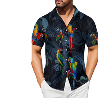 Herren Freizeit Einreiher Hawaiihemd mit tropischem Papageien-Print, Kurzarm, leuchtende Ara-Vögel, Monstera-Blätter, Sommer, schnelltrocknend