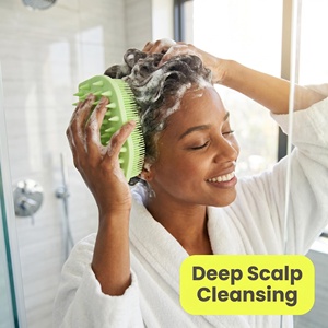 Cepillo de masaje ergonómico ovalado de silicona para el cuero cabelludo, de doble cara con cerdas suaves, para lavado de cabello y masaje relajante, con orificio para colgar - Product Image 3