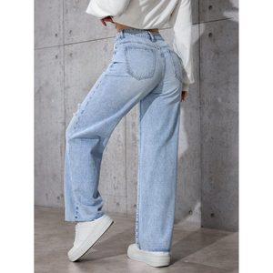 Vintage Women Distressed Ice Blue Denim <b>Jeans</b> Plating High Waist Relaxed Fit <b>Soft</b> Stretch Fabric Eco-Friendly Trendy Street - Product Image 5
