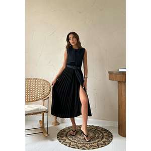 Robe en jean plissée bleue mi-longue sans manches respirante et tendance pour femme – Vente en gros - Product Image 4