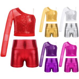 6-16 bambini ragazze Performance <span class=keywords><strong>costumi</strong></span> da ballo Top da ballo manica lunga Top Crop con <span class=keywords><strong>vita</strong></span> <span class=keywords><strong>alta</strong></span> Shorts set per Party Jazz Dance - Product Image 1