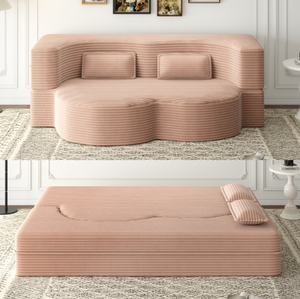 Modern Beige 15" Full Size Convertible Plush Corduroy Foam-Filled Sleeper <b>Sofa</b> Bed Set No Assembly Required Apartment Living - Product Image 1