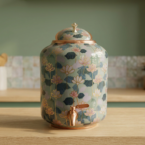 Distributeur d'eau en cuivre pur imprimé lotus de qualité supérieure, capacité 0,8 L, réservoir de stockage d'eau ayurvédique avec robinet en laiton - Product Image 1