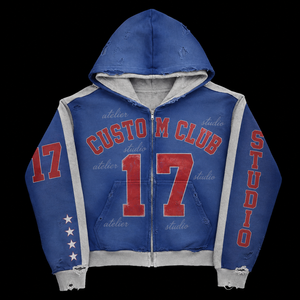 Sudadera con capucha para hombre OEM con cremallera, estilo vintage, con bloques de color, estampado gráfico de números universitarios, patchwork desgastado, estilo urbano y logotipo personalizado - Product Image 1