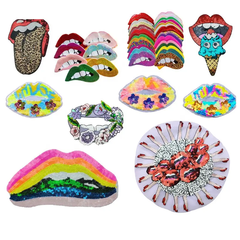 Shenglan Sequin Lips Patches Sew On or Iron On Large Cartoon Mouth Tongue Lip Sequin Patches DIY Appliques Hoodies T-Shirt Jeans