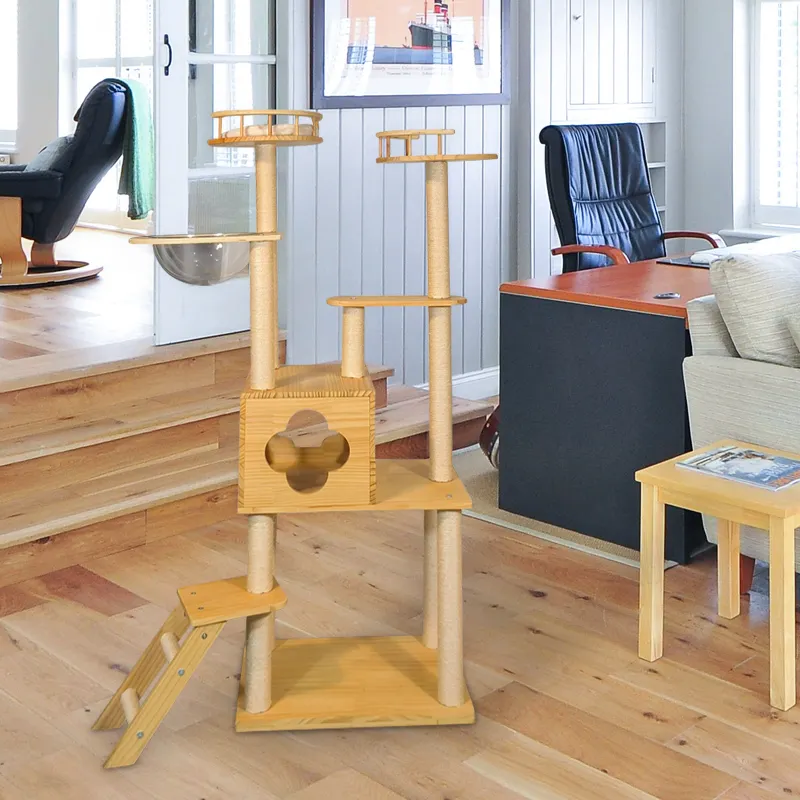 고급 스몰 사이즈 라이트 옐로우 현대 나무 고양이 타워 하우스 애완 동물을위한 친환경 스크래치 트리