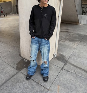 Custom Heavyweight Embroidery Acid Wash Boxy Fit Cotton Crewneck Sweatshirt Waffle Knitted <strong>T</strong>-<strong>shirt</strong> Long Sleeve <strong>t</strong> <strong>Shirts</strong> for <strong>Men</strong> - Product Image 4