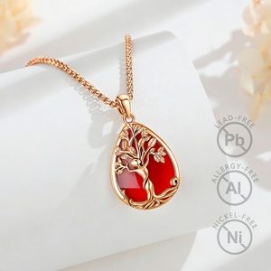 Joyería Espiritual al <span class=keywords><strong>por</strong></span> Mayor, Collar con Colgante de Árbol de la Vida en Cobre Chapado en <span class=keywords><strong>Oro</strong></span> Rosa de 18K con Incrustaciones de Piedra Roja en Forma de Lágrima - Product Image 3