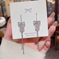 Boucles d'oreilles tendance en zircon avec nœud et pampilles longues, style coréen, pour influenceuses, passe-partout