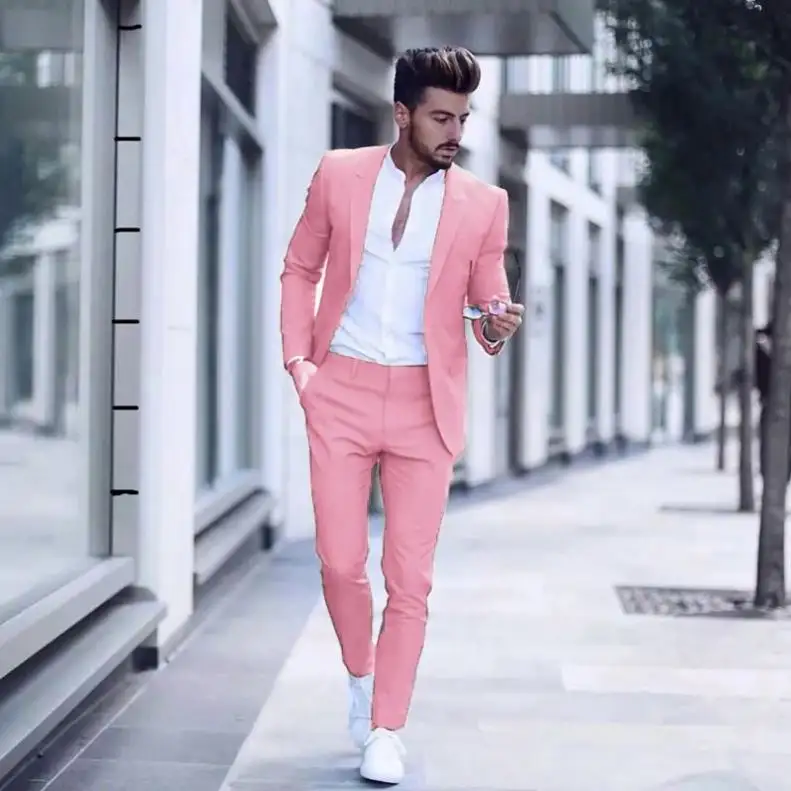 Men's 2 Pieces Set Casual Fashion Luxurious Business Men's Suit For Wedding Party Tuxedos Slim Fit Lapel Pink Suit Costume Homme