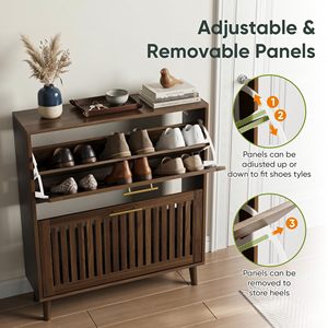 SENYU Modern <b>Wood</b> <b>Shoe</b> Cabinet with Slatted Doors 2 Shelves Space Saving Entryway Storage Furniture Freestanding Midcentury Desi - Product Image 3
