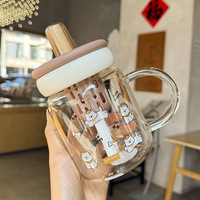 Mug en verre mignon de 680 ml avec poignée, paille et infuseur à thé, en verre borosilicate de haute qualité, pour le bureau et l'usage quotidien