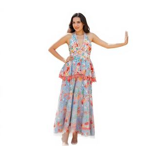 Vestido Midi Bohemio con Cuello en V, Estampado Floral, Volantes en Capas, Cintura Natural, 100% Algodón, Ropa de Verano para Vacaciones, Vestido Elegante - Product Image 1