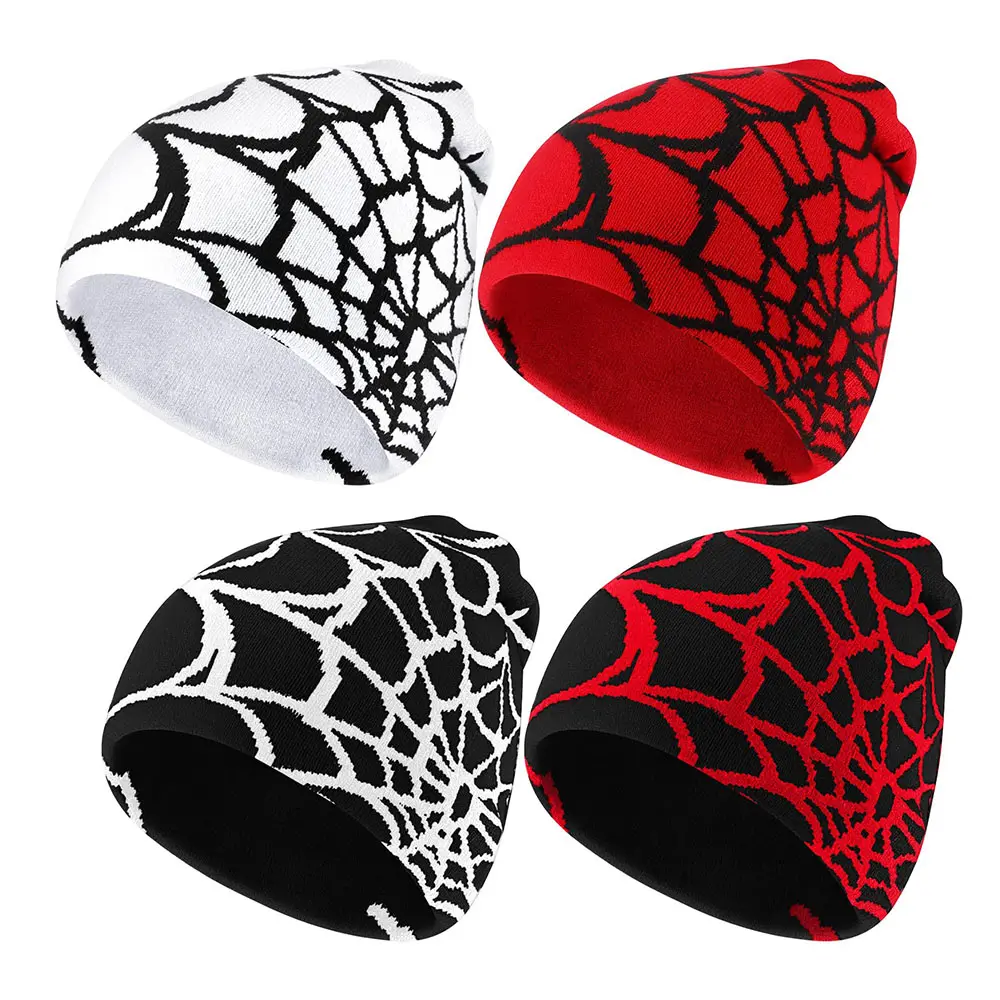 Y2K kasketleri örümcek Web desen bere gotik akrilik örme şapka erkekler için rahat Streetwear açık Cuffless kasketleri