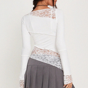 Camiseta de Manga Larga para Mujer, Estilo Patchwork, Color Sólido, Tejido de Ganchillo, Corte Ajustado, Cuello Redondo, Estilo Europeo, Nueva Colección de Primavera - Product Image 4