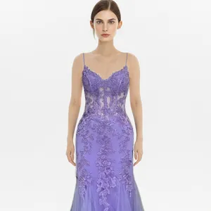 2023 Sexy party lilas purple formal prom vintage boned corset tulle deep V Neck Mermaid evening gowns