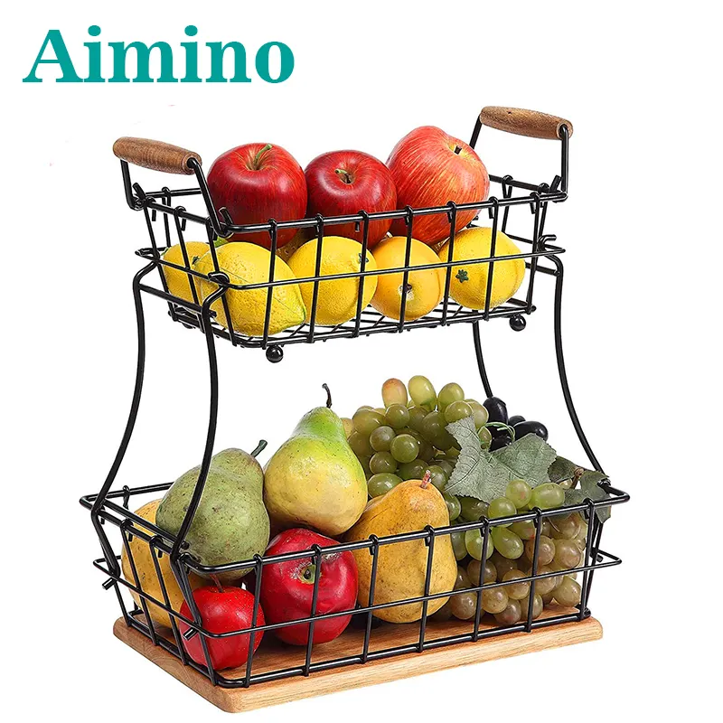 AIMINO-cesta multifuncional de 2 niveles para frutas y verduras, cesta de hierro con Base de madera y mango