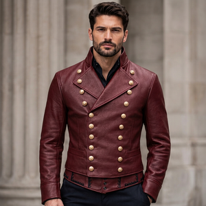 Men's <b>Burgundy</b> <b>Leather</b> <b>Jacket</b> Turn-down Collar With Button Closure - Product Image 1