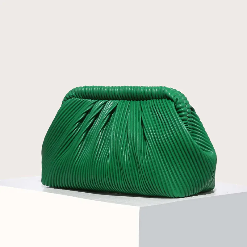 2022 Winter Pu Leather Lady Handbags and Purses Custom Green Women Clutches Minimalist Ruched Bag