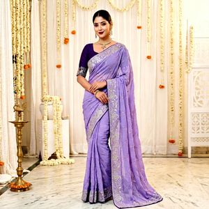 <b>Purple</b> Silk <b>Saree</b> With Silver Embroidery Traditional Wedding Wear For Women Floor Length Regular Fit Wrinkle Free - Product Image 1
