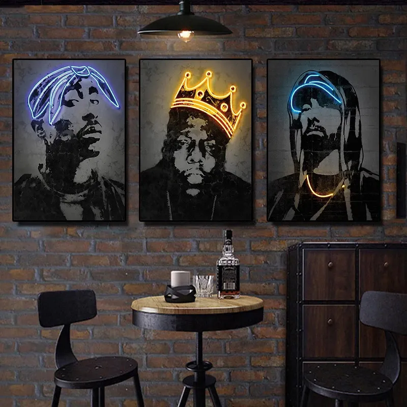 Abstract Neon Design Singers Star Posters Rapper Graffiti Canvas Painting 2Pac Hip Hop Singers Wall Art Pictures Bar Room Decor