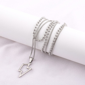 yunnique Double Layer <b>Titanium</b> Steel Lightning Pendant Necklace Geometric Arrow Design Men's Fashion Stackable <b>Chain</b> Jewelry - Product Image 3