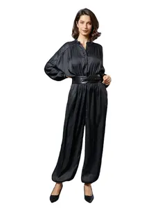 Abaya Dubai Muslim Pinggang Tinggi Wanita, Jumpsuit Kasual Bersabuk Satin Saku Kain Satin Baru